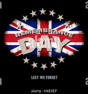 Grunge-Großbritannien-Flagge auf dunklem Hintergrund mit Gedenktag und nicht zu vergessen Text-Denkmal-Vektor-Illustration Stock Vektor