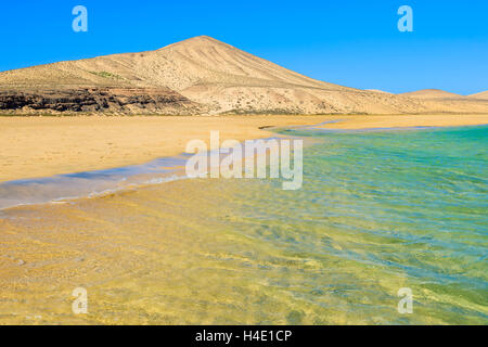 Sotavento-Strand auf der südlichen Küste von Fuerteventura und Sanddünen im Hintergrund, Kanarische Inseln, Spanien Stockfoto