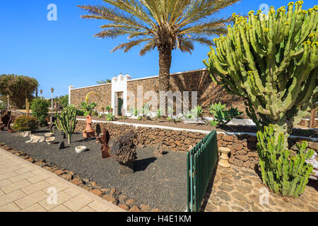 Gebäude im kanarischen Stil und tropischen Pflanzen in La Oliva Village Erbe Art Center, Fuerteventura, Kanarische Inseln, Spanien Stockfoto