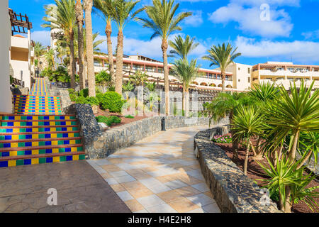 MORRO JABLE, FUERTEVENTURA - 6. Februar 2014: Wandern Gasse in tropischen Gärten des Luxus-Hotel Barcelo Jandia Mar. Dies ist ein beliebtes Urlaubsziel für Touristen auf der Insel Fuerteventura. Stockfoto