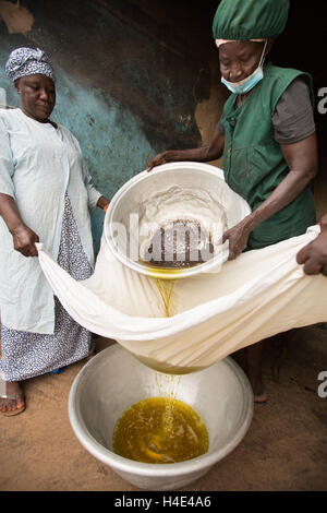 Mitarbeiter-Filter verarbeitet frisch Shea-Nuss-Öl eine Fair-Trade-Produktionsstandort in Réo in Burkina Faso, Westafrika. Stockfoto