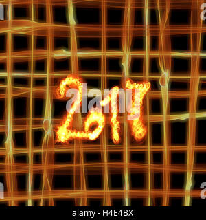 Frohes neues Jahr 2017 isolierte Zahlen mit Feuer auf hell brennende Raster Bokeh Hintergrund geschrieben. Stockfoto