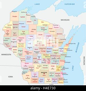 Wisconsin Verwaltungskarte Stock Vektor