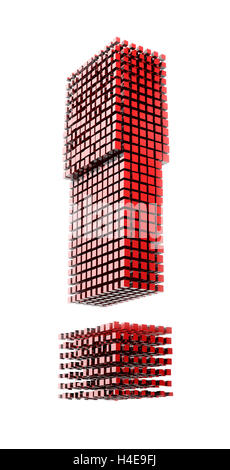 3D-Ausrufezeichen im roten Material Fragmente Digital vor weißem Hntergrund Stockfoto