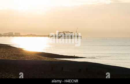 Meer und Strand bei Sonnenaufgang mit nebligen Silhouette der West Pier und goldenen Glanz der Sonne auf das Meer und die Kieselsteine Hove Stockfoto