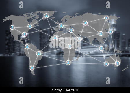 Globale soziale Netzwerk oder Menschen Management Diagramm Verbindungssymbole mit Karte-Verbindung. Netzwerk-Verbindungen Arbeitskonzept Stockfoto