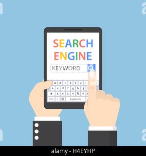 Unternehmer auf der Suche nach Schlüsselwort auf Search Engine durch Tablette, Suche Motor-Service-Konzept Stock Vektor
