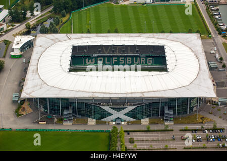 Luftaufnahme, Volkswagen Arena Wolfsburg, Bundesliga-Fußball-Club, VW-Werk in Wolfsburg, Niedersachsen, Deutschland Stockfoto