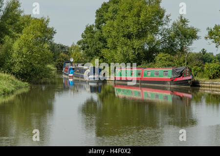 Schmale Boote vertäut am Grand Union Canal, in der Nähe von Linslade, Bedfordshire, England Stockfoto