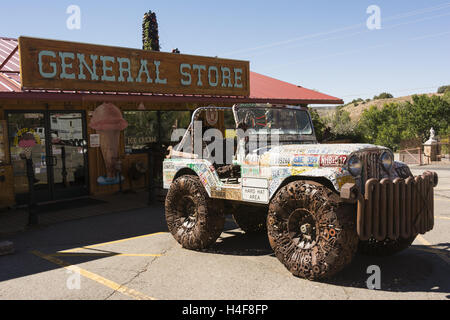 Utah, Moab Loch im Felsen, Nummernschild Kunst Auto und General store Stockfoto