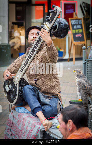 Straßenmusikanten ein Grand Pro Tun Sitar in Abington Street, Northampton Town Centre eine indische Instrument zu spielen. Stockfoto