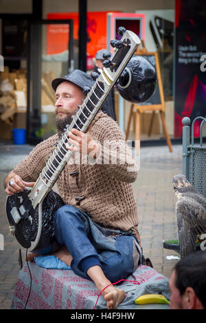 Straßenmusikanten ein Grand Pro Tun Sitar in Abington Street, Northampton Town Centre eine indische Instrument zu spielen. Stockfoto