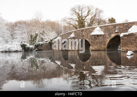 historischen Merthyr Mawr Schafe eintauchen Brücke im winter Stockfoto