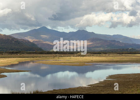 Glaslyn Sümpfe SSSI, Porthmadog und Snowdonia Bergkette in der Ferne, Snowdonia National Park, North Wales, UK Stockfoto