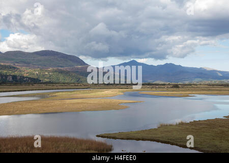 Glaslyn Sümpfe SSSI, Porthmadog und Snowdonia Bergkette in der Ferne, Snowdonia National Park, North Wales, UK Stockfoto