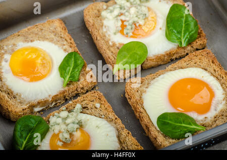 Gebackene Bullauge Eiern auf Vollkorn Toast mit Spinat und Blauschimmelkäse an der Spitze Stockfoto