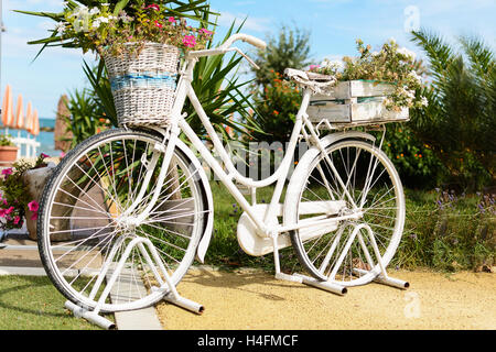 Oldtimer Fahrrad und Vasen, Parkplatz im Garten Stockfoto