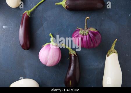 Verschiedene frische Auberginen auf Schiefer, Lebensmittel-Hintergrund Stockfoto