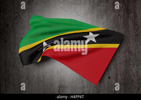 3D Rendering der Föderation von Saint Christopher und Nevis Fahnenschwingen auf schmutzigen Hintergrund Stockfoto