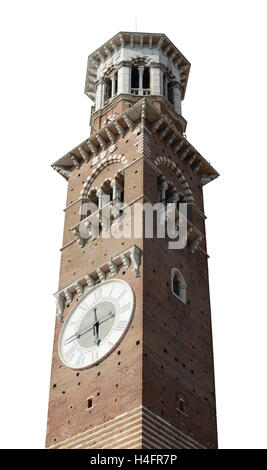 Lamberti-Turm in Piazza Delle Erbe, Verona, Italien, isoliert auf weiss. Stockfoto