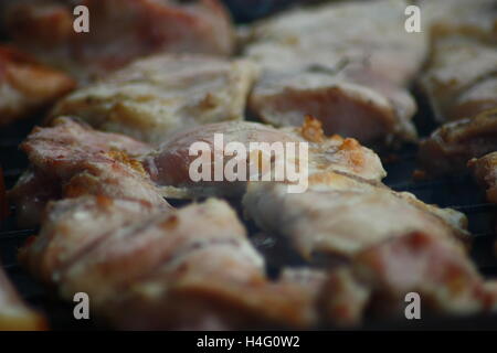 Grillen Fleisch auf Holzkohlefeuer Closeup Bild. Stockfoto