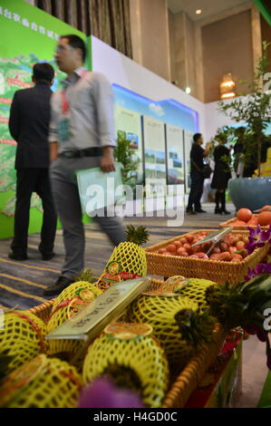 Der chinesischen Nanchang, Jiangxi Provinz. 16. Oktober 2016. Besucher sind bei einem Stand von Taiwan Frucht während einer Jiangxi Taiwan wirtschaftliche und kulturelle Zusammenarbeit-Konferenz in Nanchang, Hauptstadt der Osten Chinas Jiangxi Provinz, 16. Oktober 2016 gesehen. Die Konferenz begann hier Sonntag mit rund 900 Teilnehmern. © Zhou Mi/Xinhua/Alamy Live-Nachrichten Stockfoto