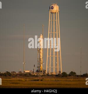 Wallops, Virginia, USA. 15. Oktober 2016. Die orbitale ATK Antares-Rakete mit dem Cygnus Raumschiff an Bord, ist bereit zur Startrampe-0A, bei NASA Wallops Flight Facility 14. Oktober 2016 in Wallops, Virginia. Die Antares startet mit dem Cygnus Raumschiff gefüllt mit über 5.100 Pfund von Lieferungen für die internationale Raumstation. Bildnachweis: Planetpix/Alamy Live-Nachrichten Stockfoto