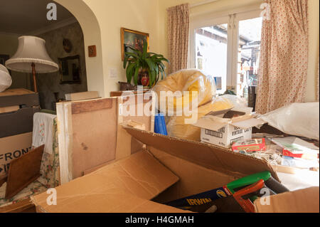 Verschieben von Haus und das Chaos schafft es innen mit Boxen eingepackt, überall und ohne Bewegungsfreiheit im Wohnzimmer Stockfoto