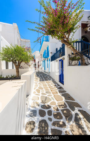 Die Stadt MYKONOS, Griechenland - 15. Mai 2016: schmale Straße mit weißen Häusern in schönen Stadt Mykonos, Kykladen, Griechenland. Stockfoto