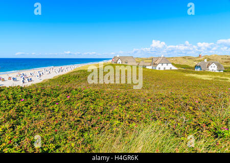 Typisch friesische Häuser mit Stroh Dächer auf Felsen am Strand von Kampen, Insel Sylt, Deutschland Stockfoto