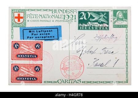 Zeppelin Post Postkarte, Bern, Basel, auf der "Graf Zeppelin", 12.10.1930. Souvenir-Karte der Schweizer Nationalfeiertag oder Bundesfeier Stockfoto