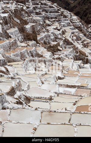 Vertikale Ansicht von Dutzenden von Parzellen an den Maras Salzminen in der Nähe von Cusco, Peru Stockfoto