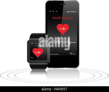 Black Touchscreen Smartwatch und Smartphone mit Gesundheits-apps Stock Vektor