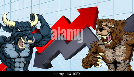 Finanzkonzept eines Cartoon-Bären kämpfen ein Stier Maskottchen Zeichen vor einer Börse oder einem Gewinn graph Stockfoto