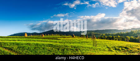 Panorama mit Heuhaufen auf einem ländlichen Gebiet nahe dem Wald am Fuße des Berges bei Sonnenaufgang Stockfoto