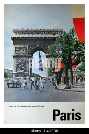 Vintage Retro-Reise-Plakat von Paris mit Arc de Triomphe und Champs Elysee Frankreich Stockfoto