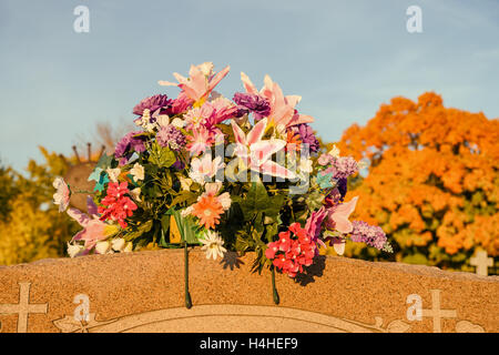 Blumen auf einem Friedhof mit großen Ahornbäume im Hintergrund, im Herbst (Beloeil, Quebec, Kanada) Stockfoto