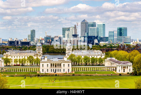 Blick auf Canary Wharf von Greenwich - London, England Stockfoto