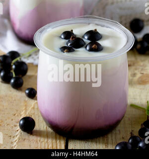 Hausgemachter Joghurt mit einem schwarzen Johannisbeeren auf dem Tisch im rustikalen Stil. Stockfoto