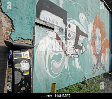 Graffiti Art Smithfield/Tithebarn St, Liverpool, England, UK - mit Parkplatz Maschine Stockfoto