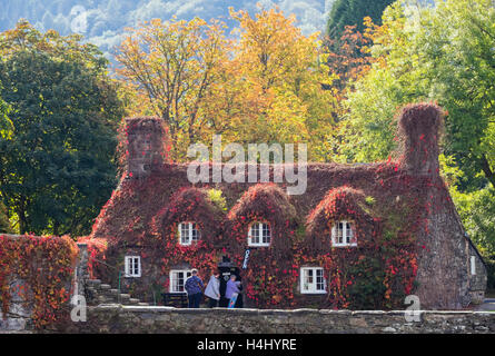 Drei Frauen Kunden, die in der Tu Hwnt I'r Bont Teestuben in einem malerischen Cottage von Pont Fawr und Afon Conwy Fluss im Herbst. Trefriw Conwy Wales UK Stockfoto