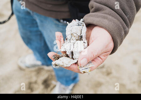 Die Ergebnisse der Mann Metalldetektoren auf Falmouth Gyllyngase Beach 15.10.2016 Stockfoto