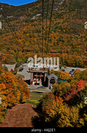 New Hampshire; Herbst; Herbst; Franconia Notch; Bergen; Laub; Farbe; New England Ski Museum, Cannon Mountain Aerial Tram Stockfoto