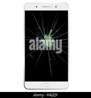 White Smartphone mit gebrochenen Bildschirm. Kommunikation ist unterbrochen. Stock Vektor