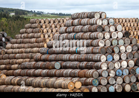 Hohe Stapel einer großen Anzahl von Whisky Fässern auf Speyside Böttcherei, Visitor Centre, Craigellachie, Aberlour, Banffshire, Grampian Schottland Großbritannien Stockfoto