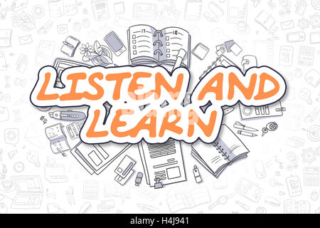Hören und lernen - Doodle Orange Wort. Business-Konzept. Stockfoto