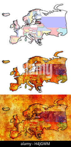 einige sehr alte Grunge-Karte von Lettland mit Flagge auf der europäischen Landkarte Stockfoto