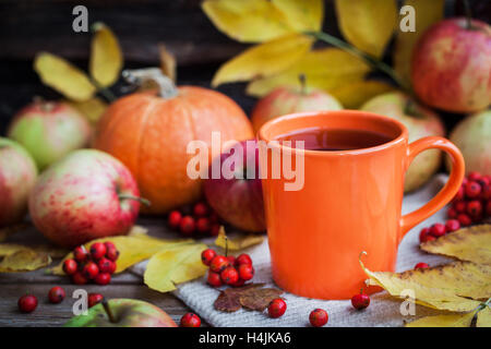 Orange Becher auf Herbst Hintergrund - Herbstlaub, Äpfel, Kürbis und Vogelbeere Stockfoto