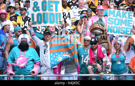 Miami Gardens, FL, USA. 16. Oktober 2016. Delphine-Fans gefiel, was sie gegen Pittsburgh sah. Miami Dolphins vs. Pittsburgh Steelers. Hard-Rock-Stadion, Miami Gardens, FL. 16.10.16. Personal Fotograf Jim Rassol Credit: Sun-Sentinel/ZUMA Draht/Alamy Live-Nachrichten Stockfoto