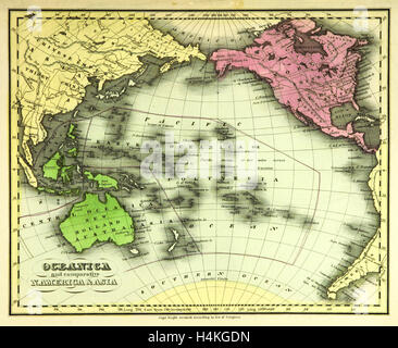 Karte von Ozeanien, auch bekannt als Oceanica, ist eine Region in den Mittelpunkt der Inseln des tropischen Pazifiks, 19. Jahrhundert Gravur Stockfoto